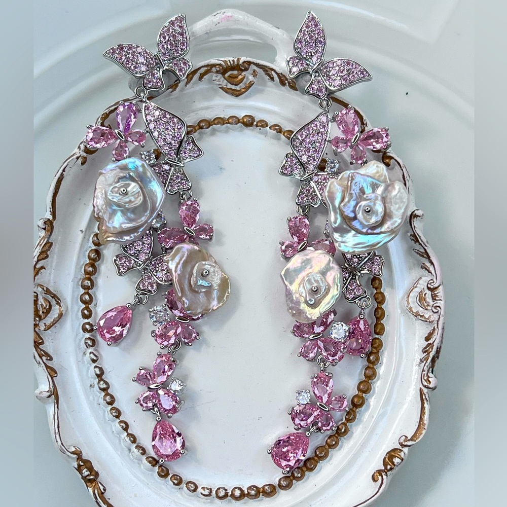 Custom Handmade Freshwater Premium Keshi Pearl Pink Crystal Butterfly 🦋 Earrings